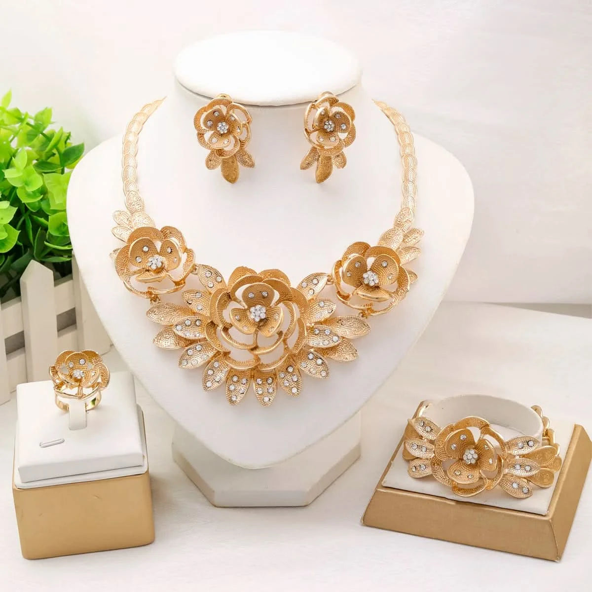 Jewelry Sets for Women Flower Pendant Necklace 18k Gold Plated Fashion Design Earring Bracelet Ring Sets Exquisite Gifts - M & M Global