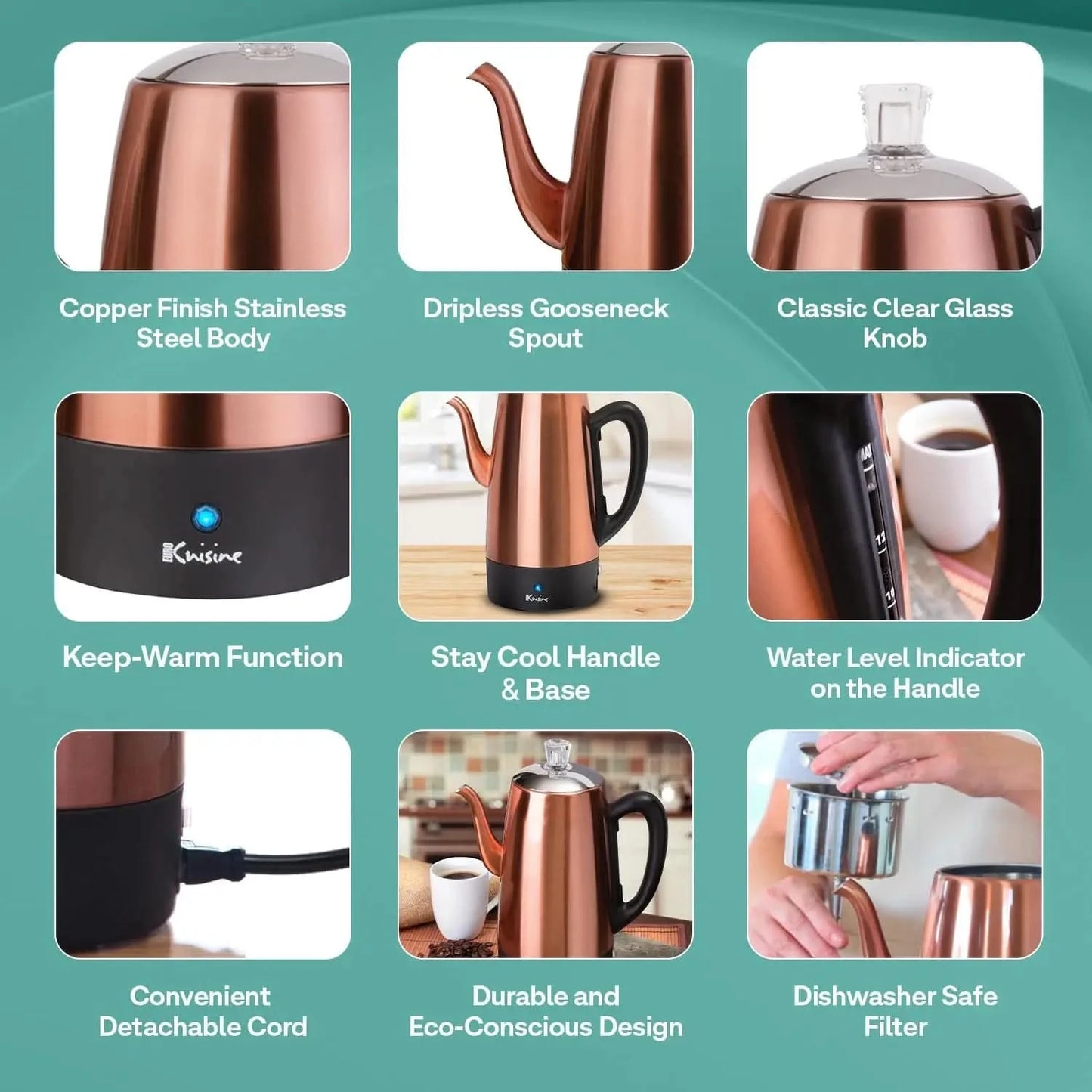 PER12 Stainless Steel Electric Coffee Percolator, 12 Cup, Polished Copper Finish, Dripless Gooseneck Spout, Clear Glass Knob, Br - M & M Global
