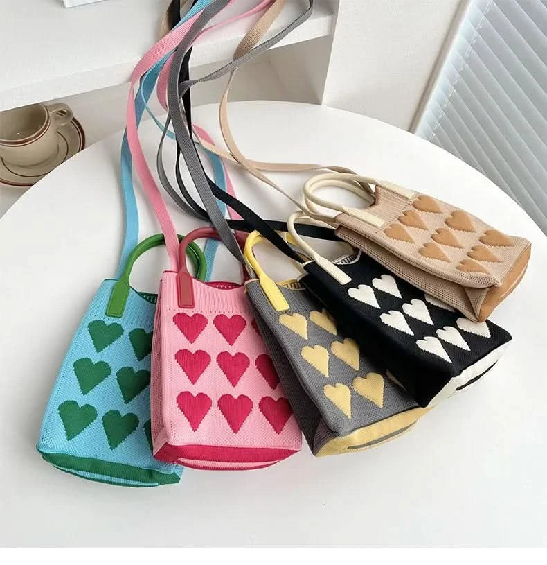 Korean Fashion Heart Knitted Mini Square Handbag for Women Small Mobile Phone Shoulder Bags Girls Cute Outdoor Crossbody Bags - M & M Global