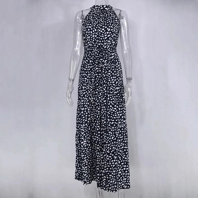 Summer Floral Print Halter Neck Dresses For Women Sleeveless Leace-up Long Dress Casual Beach Holiday Vestidos Female Clothing - M & M Global