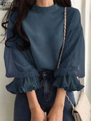 ZANZEA Women Elegant Party Blouse Vintage Mesh Ruffle 3/4 Sleeve Tops 2024 Autumn Stand Collar Shirts Korean Version Loose Tunic