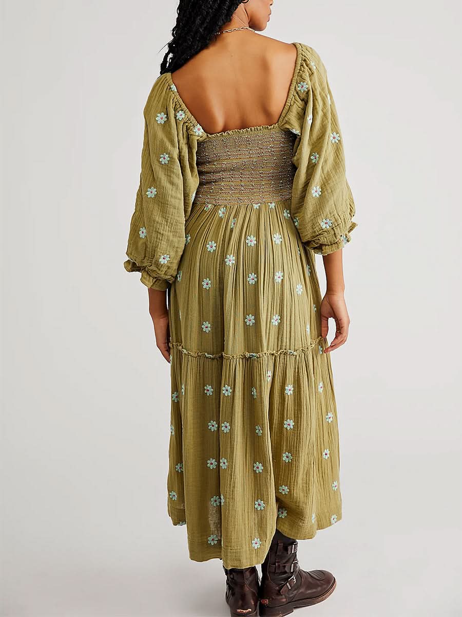 Women's Flower Embroidered Long Dress Bodycon Lantern Sleeve Square Neck Tiered Flowy Dress Bohemian Summer Beachwear Dresses - M & M Global