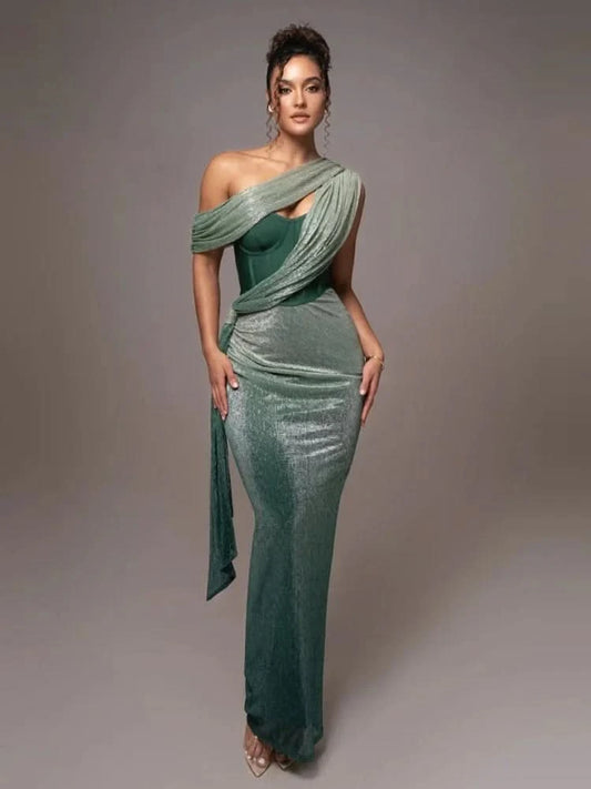 Sexy One Shoulder Draped Glitter Long Dress Women Brown Corset Sparkly Backless Bodycon Maxi Dresses Evening Party Gowns - M & M Global