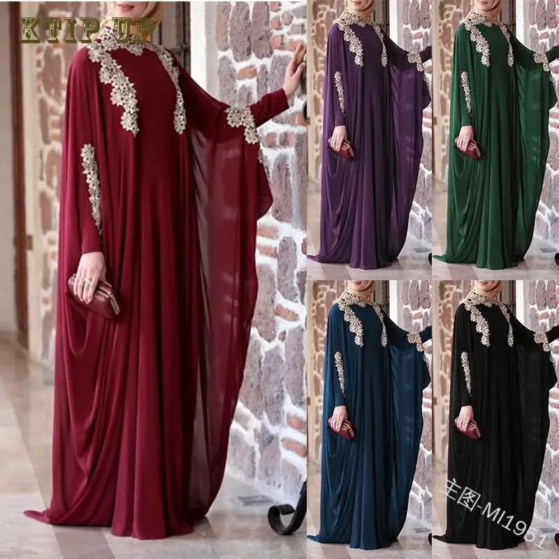 Ramadan Luxury Muslim Fashion Bat Sleeve Moroccan Turkiye Dubai Dress Middle East Arab Dress Sequins Golden Velvet Long Dress - M & M Global