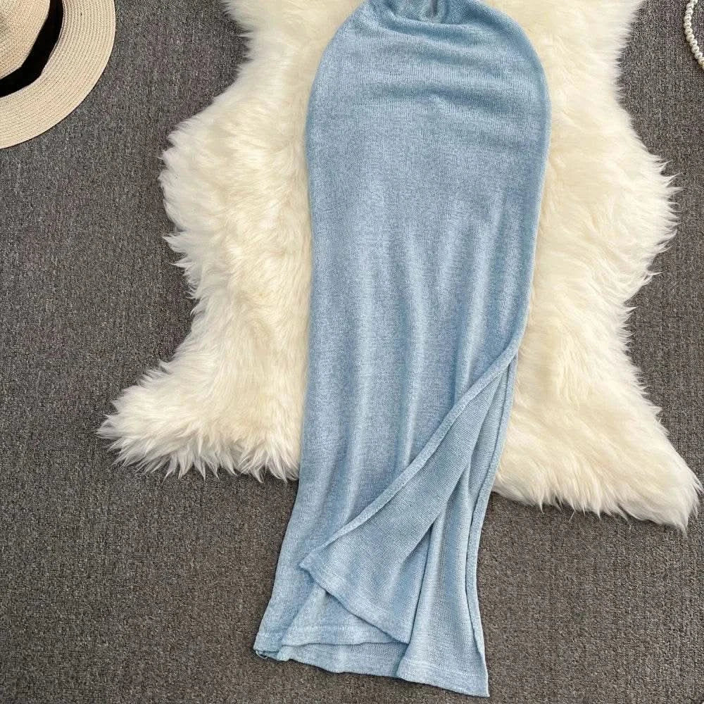 Blue/purple Summer Knit Sexy Strap Dress Women Tank Elatic Waist Bodycon Sundress Female Beach Split Backless Maxi Long Dress - M & M Global