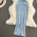 Blue/purple Summer Knit Sexy Strap Dress Women Tank Elatic Waist Bodycon Sundress Female Beach Split Backless Maxi Long Dress - M & M Global