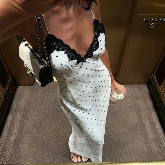 Tuularose Lace Spaghetti Strap Long Dress Women's Elegant Retro V-Neck Polka Dot Sleeveless Dress Summer Patchwork Party Dress - M & M Global