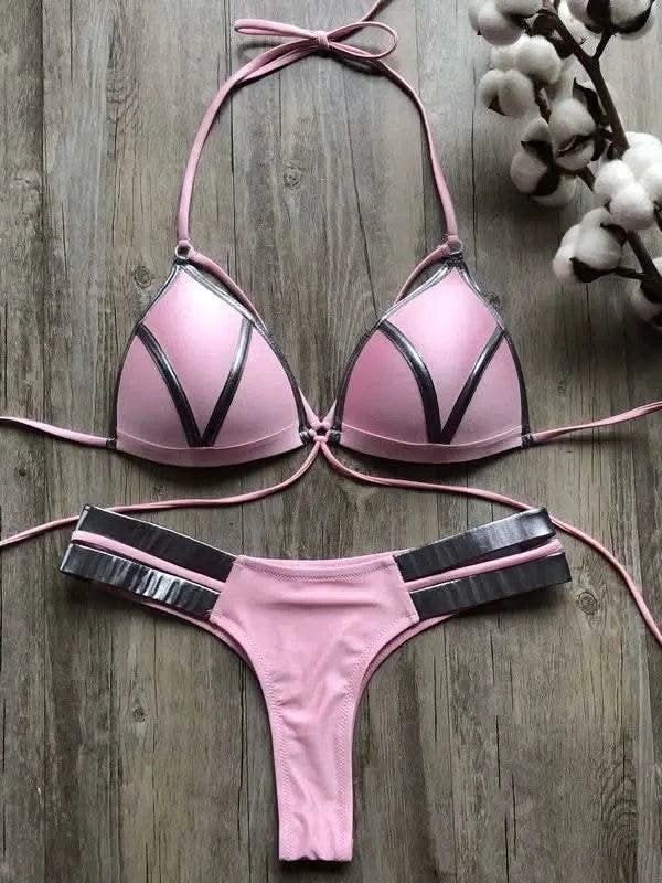 Contrast Trim Wrap Lace Up Bikini Sets Swimsuit For Women High Waist Two Pieces Swimwear 2022 Beach Bathing Suits - M & M Global