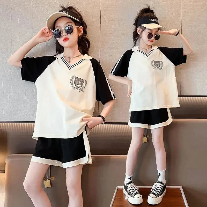 Summer Clothes Set for Children Girls Fashion V Neck T-shirts and Shorts 2pcs Suit Teenage Lapel Top Bottom Outfits Tracksuits - M & M Global