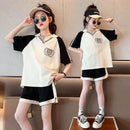 Summer Clothes Set for Children Girls Fashion V Neck T-shirts and Shorts 2pcs Suit Teenage Lapel Top Bottom Outfits Tracksuits - M & M Global