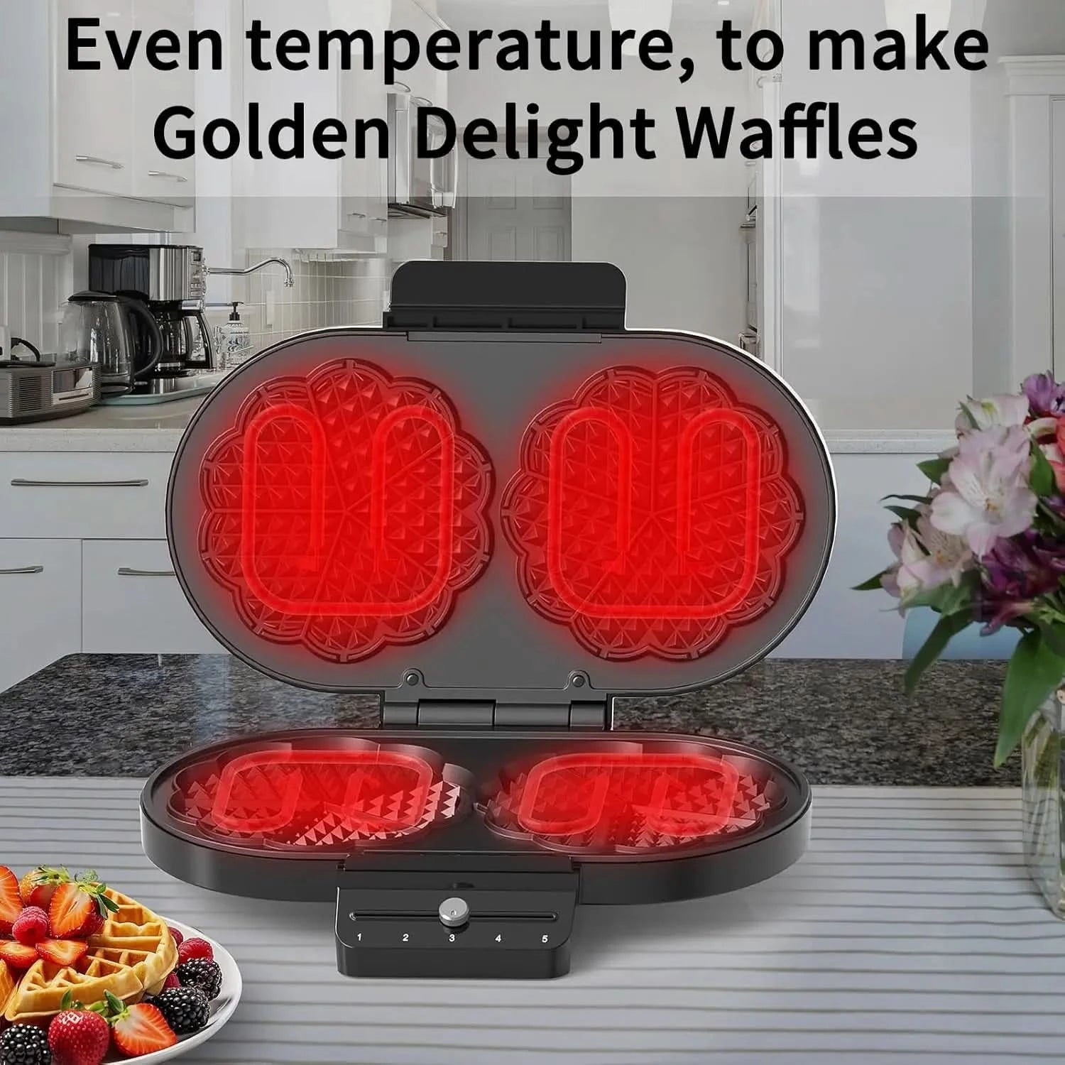 Electric Waffle Maker Heart-Shaped: 2 Non-Stick double-Side Heating Plates with 5-Setting Adjustable Browning Control for Fast H - M & M Global