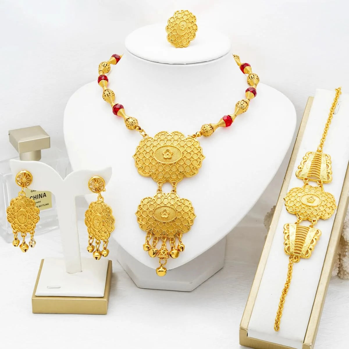 Jewelry Sets for Women Flower Pendant Necklace 18k Gold Plated Fashion Design Earring Bracelet Ring Sets Exquisite Gifts - M & M Global