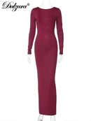 Dulzura O-Neck Long Sleeves Ruched Backless Maxi Dress Solid Sexy Elegant Long Dress Women’S Party Prom Clubwear Autumn Winter - M & M Global