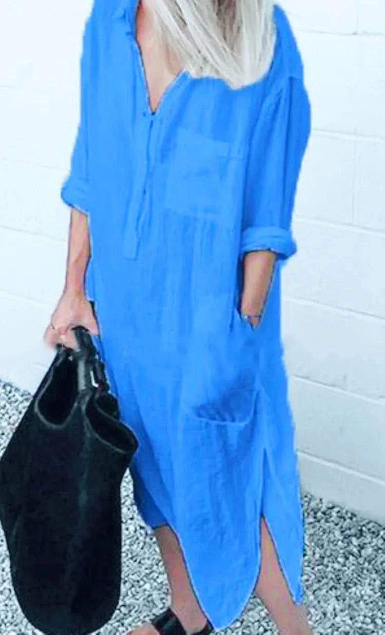 Spring Summer Women's Solid Color Loose Split Shirt Midi Dress Elegant Casual Button Pocket V-Neck Long Sleeve Long Dress 2024 - M & M Global