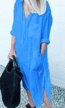 Spring Summer Women's Solid Color Loose Split Shirt Midi Dress Elegant Casual Button Pocket V-Neck Long Sleeve Long Dress 2024 - M & M Global