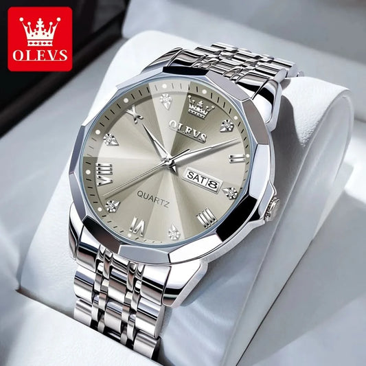 OLEVS Men's Watches Causal Fashion Original Quartz Watch for Man Waterproof Stainless Steel Luminous Date Week Trend Dress Reloj - M & M Global