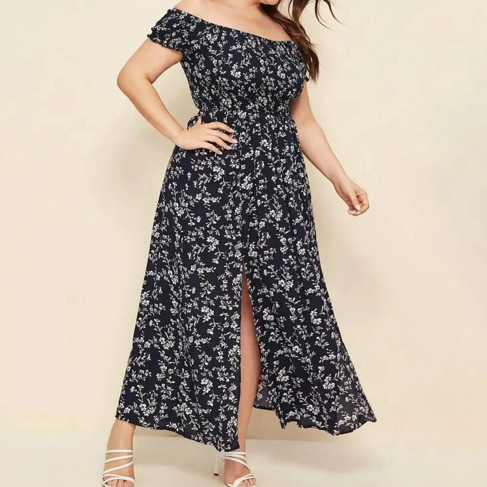 Plus Size Maxi Dress Elastic Chest Wrapped Fine Sewing Long Dress Bohemia Style Off Shoulder Long Dress - M & M Global