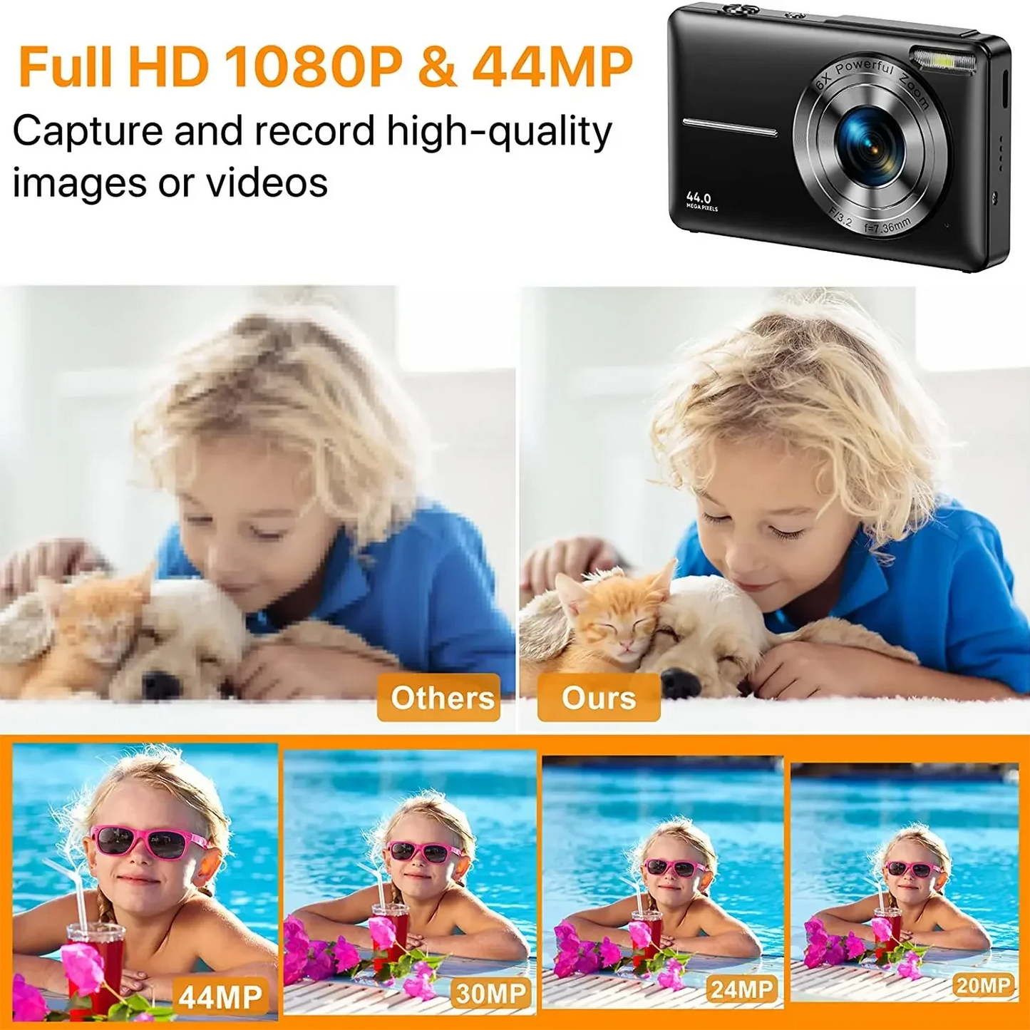 HD 1080P 2.4 inch digital Camera Rechargeable Cameras with 16x Zoom Compact Camera 44MP Cameras for kids Beginner Camera - M & M Global