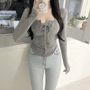 Autumn Sexy Women T Shirts Korean Lace Up Slim Long Sleeve Female Casual Tees Y2k Fashion New All Match Ladies Crop Tops