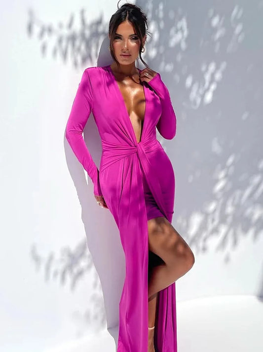 Mozision Deep V Neck Long Sleeve Split Maxi Dress Women Elegant Clubwear 2023 Autumn New Bodycon Ruched Sexy Long Dress - M & M Global