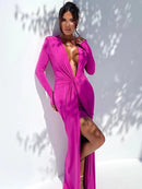 Mozision Deep V Neck Long Sleeve Split Maxi Dress Women Elegant Clubwear 2023 Autumn New Bodycon Ruched Sexy Long Dress - M & M Global