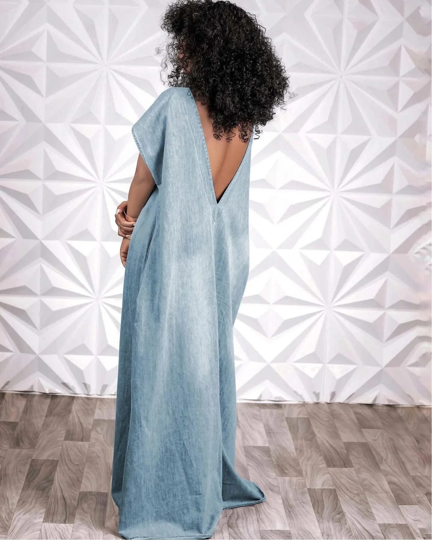 CM.YAYA Vintage Women Fashion Batwing Short Sleeve Denim V-back Loose Slim Maxi Long Dress 2023 High Street Vestido Jean Dresses - M & M Global
