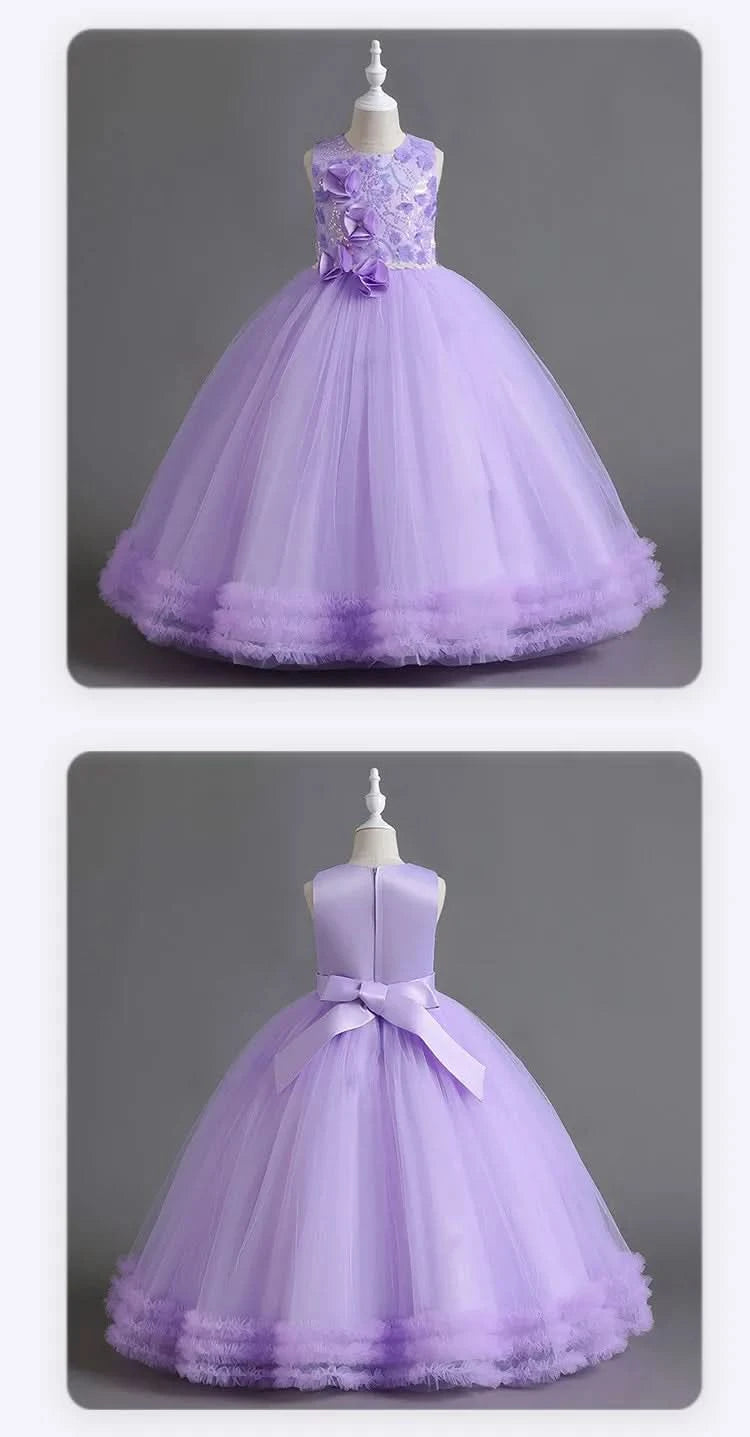 Girls' Sequin Pearl Princess Dress 5-14 Years Old Flower Decal Sleeveless Temperament Long Dress Halloween Banquet Fashion Dress - M & M Global