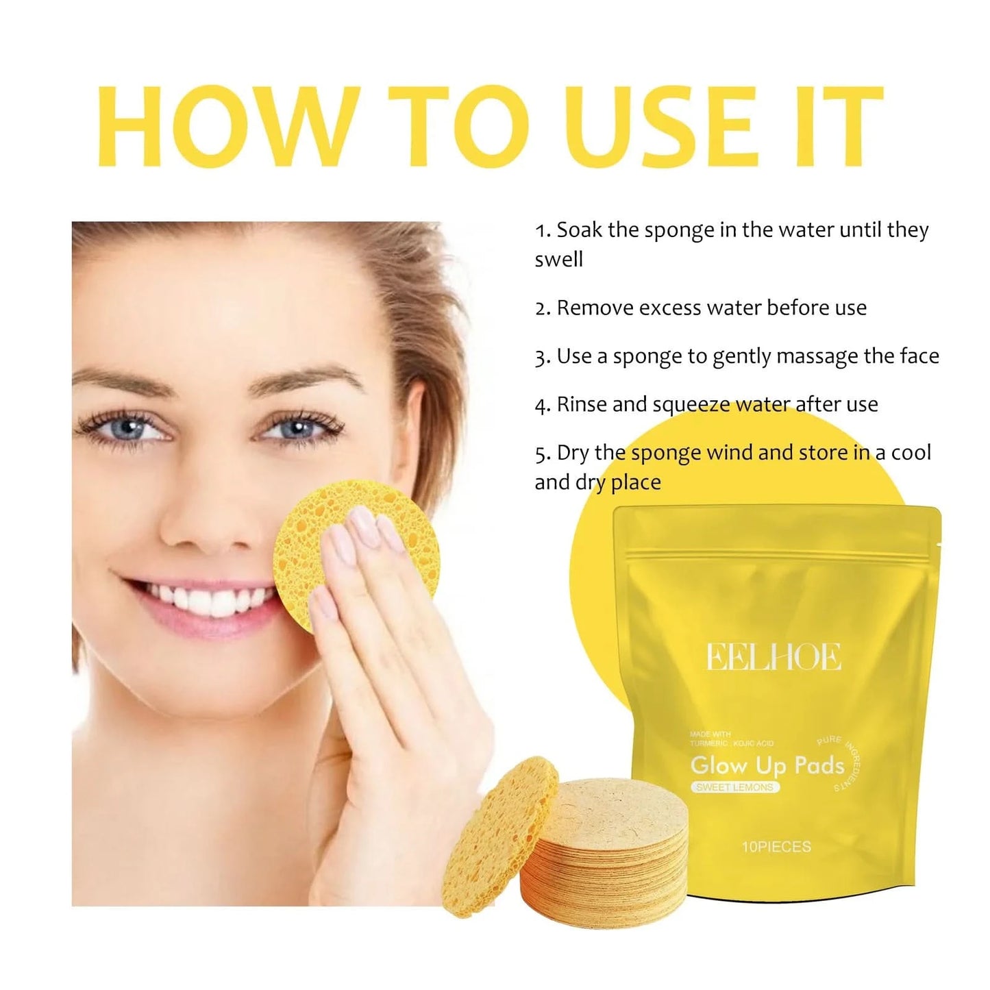 Turmeric Kojic Acid Cleansing Pads Exfoliating Pads Facial Sponges Removes Dirt Cleansing Exfoliating Daily Cleansing Skin Care - M & M Global