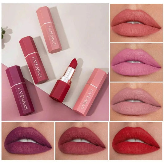 6-color matte lipstick set with velvet finish, non-fading, waterproof, and smudge-proof lip colors shown on lips in various shades