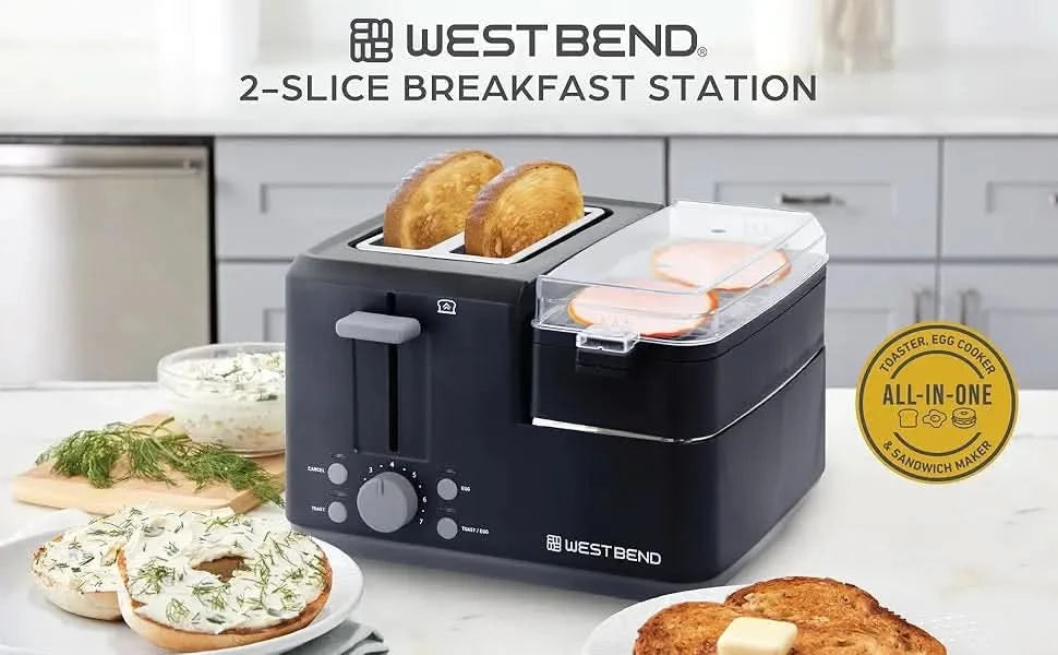 78500 Breakfast Station, 2-Slice Toaster with Removable Meat and Vegetable Warming Tray and Egg Cooker/Poacher, Black - M & M Global