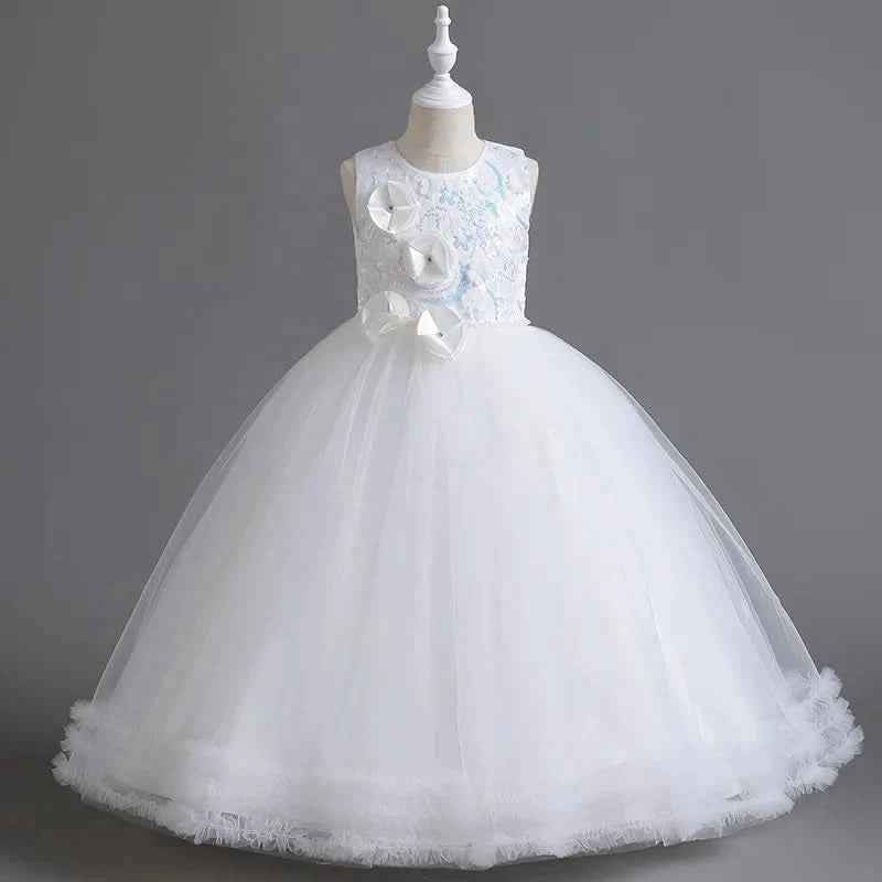 Girls' Sequin Pearl Princess Dress 5-14 Years Old Flower Decal Sleeveless Temperament Long Dress Halloween Banquet Fashion Dress - M & M Global