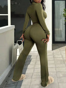 2025 Newest Women's Two-Piece Set Casual Comfortable V-Neck Ribbed Knit Solid Color Long Sleeve Top and Pants