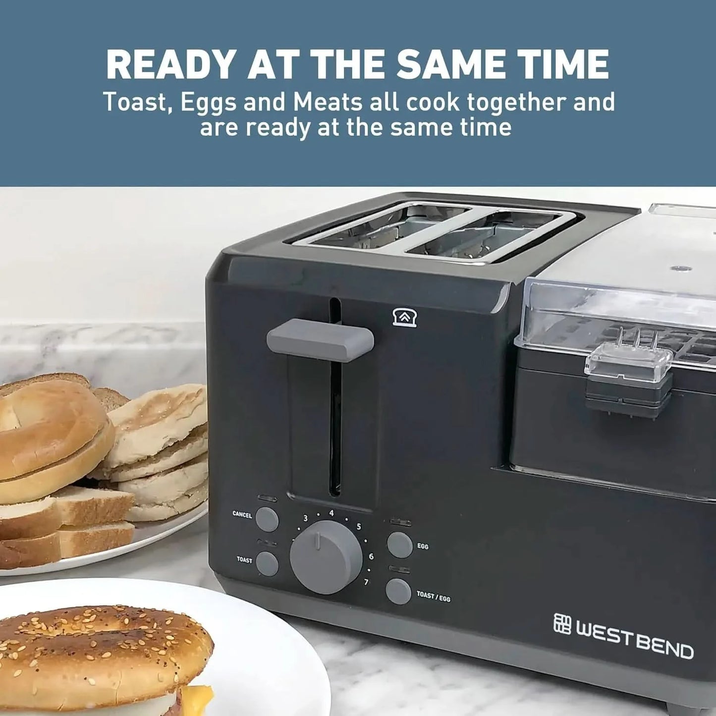 78500 Breakfast Station, 2-Slice Toaster with Removable Meat and Vegetable Warming Tray and Egg Cooker/Poacher, Black - M & M Global