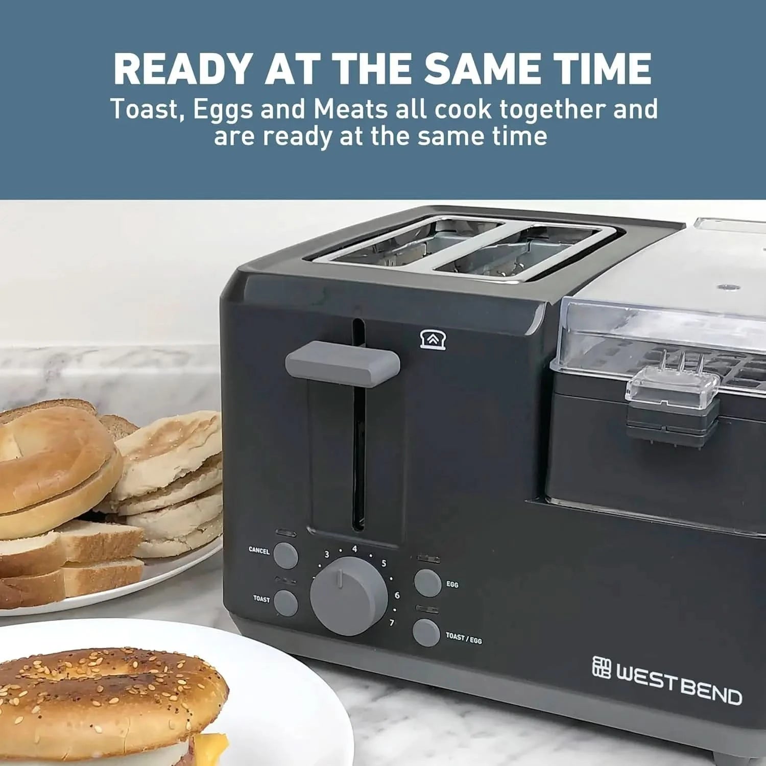 78500 Breakfast Station, 2-Slice Toaster with Removable Meat and Vegetable Warming Tray and Egg Cooker/Poacher, Black - M & M Global