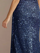 Luxury Blue Floor Length V-Neck Evening Dresses Women Elegant Wedding Party Maxi Sequins Short Sleeves Prom Cocktail Gowns