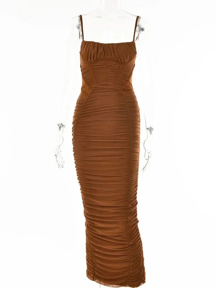 Mozision Elegant Corset Ruched Maxi Dress Women Fashion Spaghetti Strap Sleeveless Backless Zipper Long Dress Vestido - M & M Global