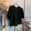 ZANZEA Women Summer Tops Short Sleeve Blouse 2025 Casual Solid Color Tunic Female Ruffled Round Neck Pleated Blusas Oversized