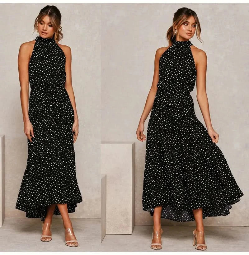 Summer Floral Print Halter Neck Dresses For Women Sleeveless Leace-up Long Dress Casual Beach Holiday Vestidos Female Clothing - M & M Global