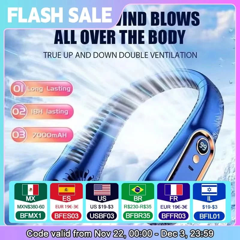 Neck Bladeless Fan Mini Ultra Long Life Portable Lazy Silent Fan Usb Charging Student Sports Office Digital Display Power 5 Gear - M & M Global