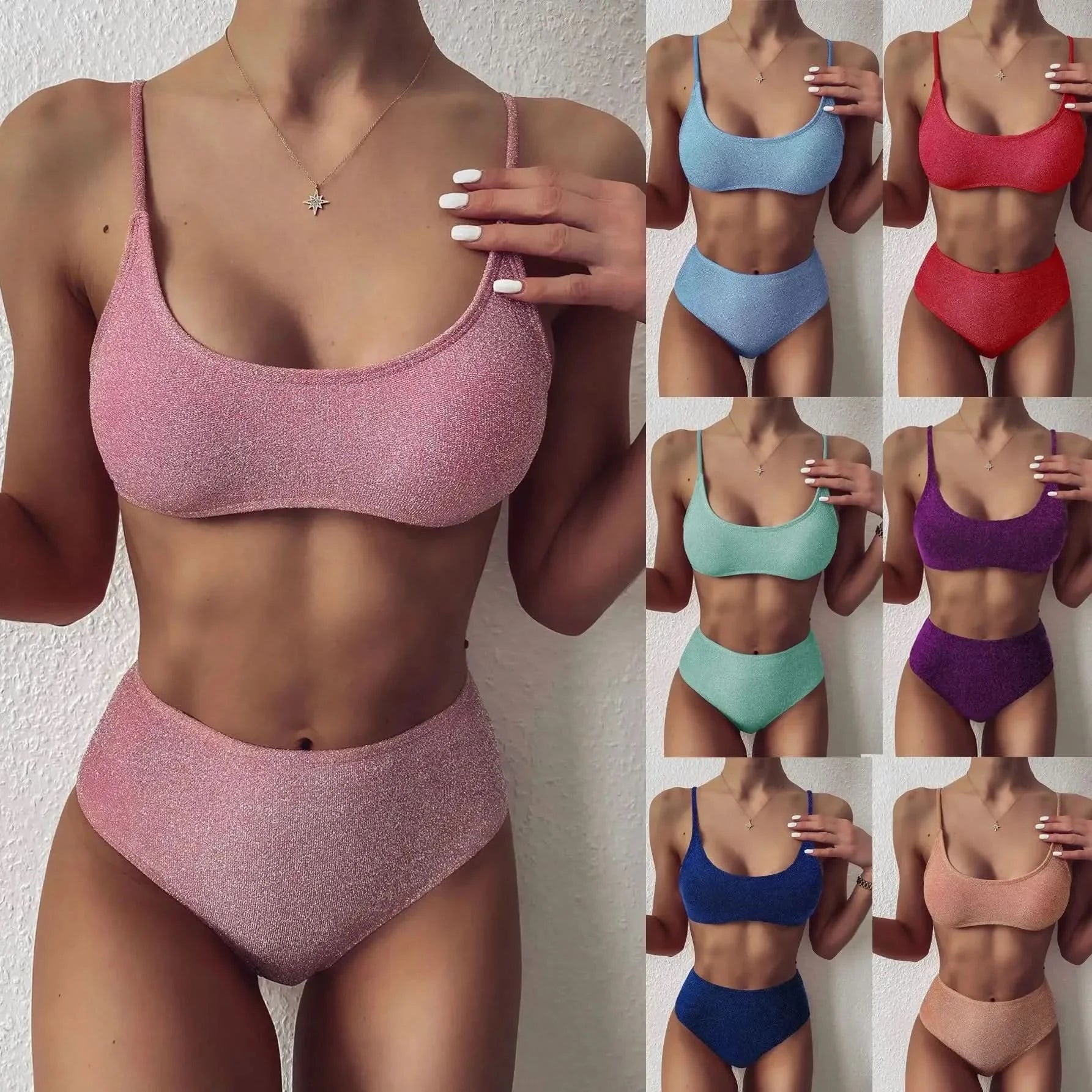 Sexy Sequin Bikini Shiny Solid Pink Push Up High Waist Bikini Set Female High Cut Bathing Suit Halter Top Swimwear Beachwear - M & M Global