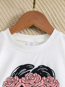 A set of two fashionable and simple cartoon print cool round-neck knitted tops and summer thin wide-leg pants for girls