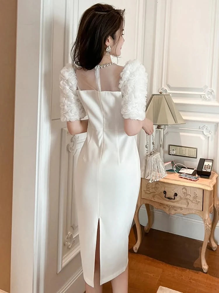 Fashion Elegant Formal Dresses Sweet Celebrity Beaded White Long Dress Sheer Mesh Flowers Split Robe Femme Prom Party Vestidos - M & M Global