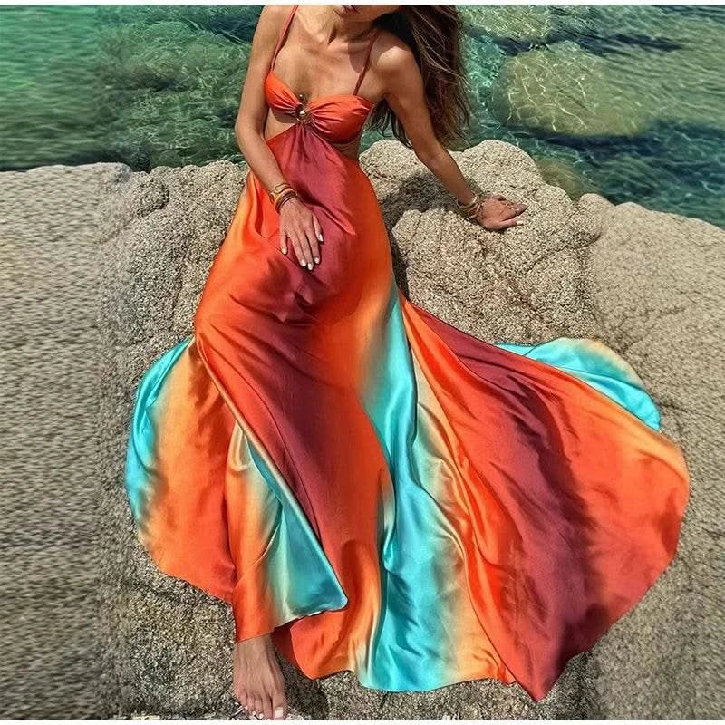 Bohemia Gradient Printed Sling Beach Maxi Dress Women Spaghetti Strap Sleeveless Backless Long Dress Female Hollow Out Chic Robe - M & M Global