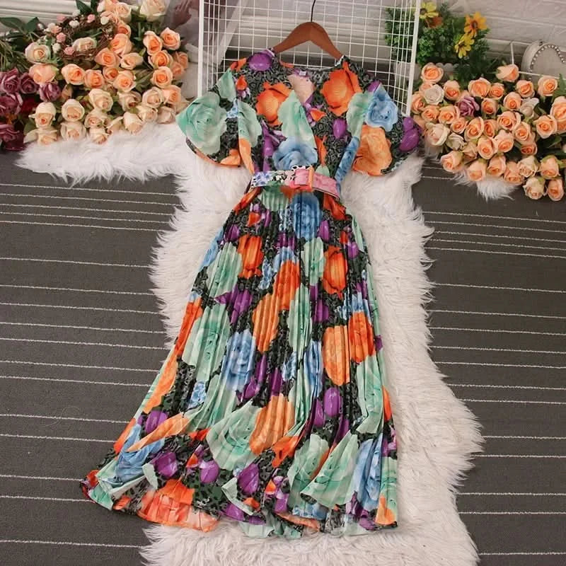 Women Dress Fashion Vintage Ins Bandage Slim Waist A-line Long Dress Vacation Beach Summer Outfits Lady Robe Femme - M & M Global