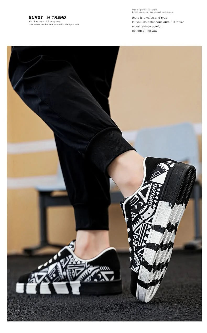 YRZL Men's Sports Running Shoes Canvas Geometric Style Lace-Up Sneakers Couples' Fashionable Graffiti Print Skate Shoes Men - M & M Global
