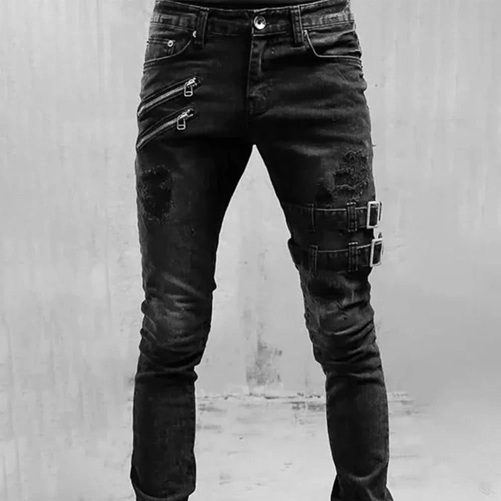 Retro Moto Biker Straight Elastic Jeans Men Zipper Hole Streetwear Punk Skinny Denim Cargo Pants Pantalones Hombre Y2K Clothing - M & M Global