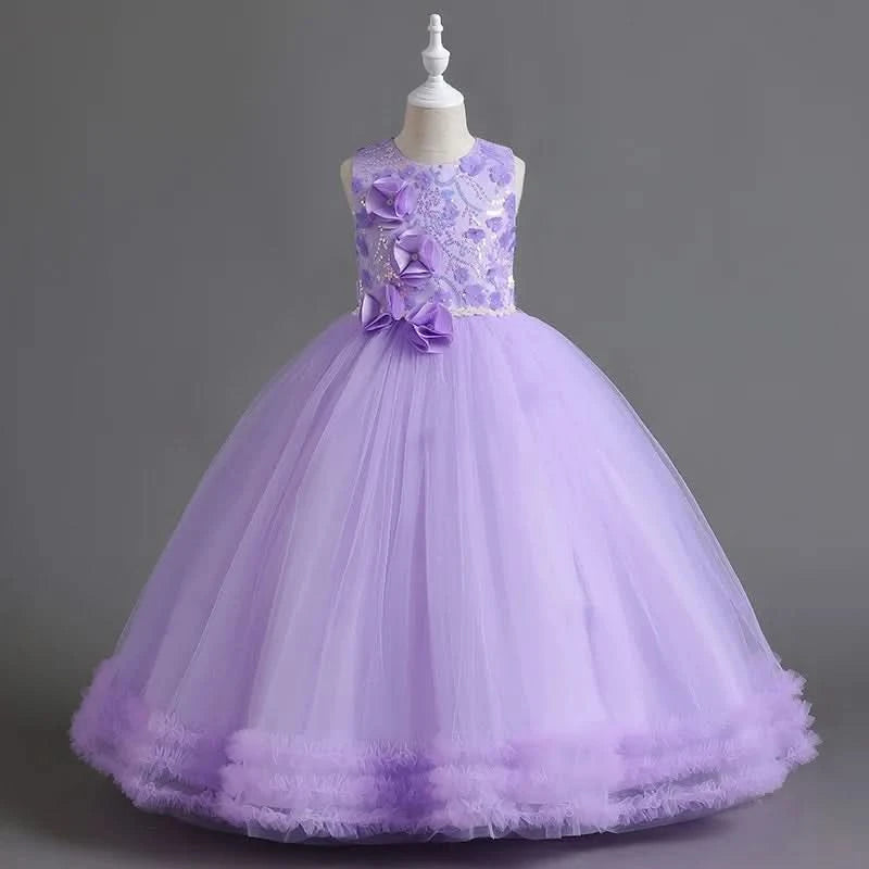 Girls' Sequin Pearl Princess Dress 5-14 Years Old Flower Decal Sleeveless Temperament Long Dress Halloween Banquet Fashion Dress - M & M Global