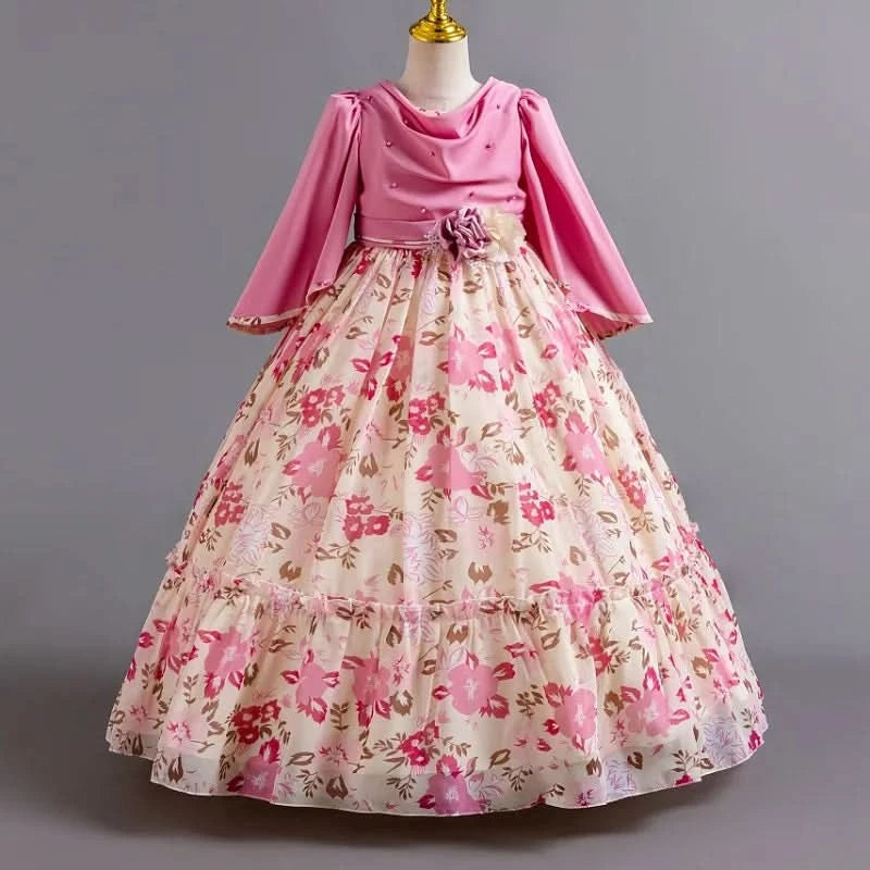 Girls flower pearl long sleeved princess dress 4-12 years old elegant bow printed long dress carnival birthday party performance - M & M Global
