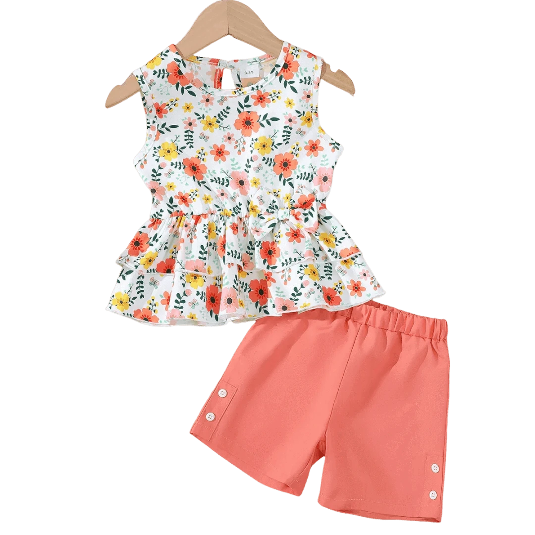 2PCS Children Girls Little Fresh Clothing Set Floral Sleeveless Top + Shorts Sweet Lovely Fashion Costume for Kid Girl 4-7 Years - M & M Global