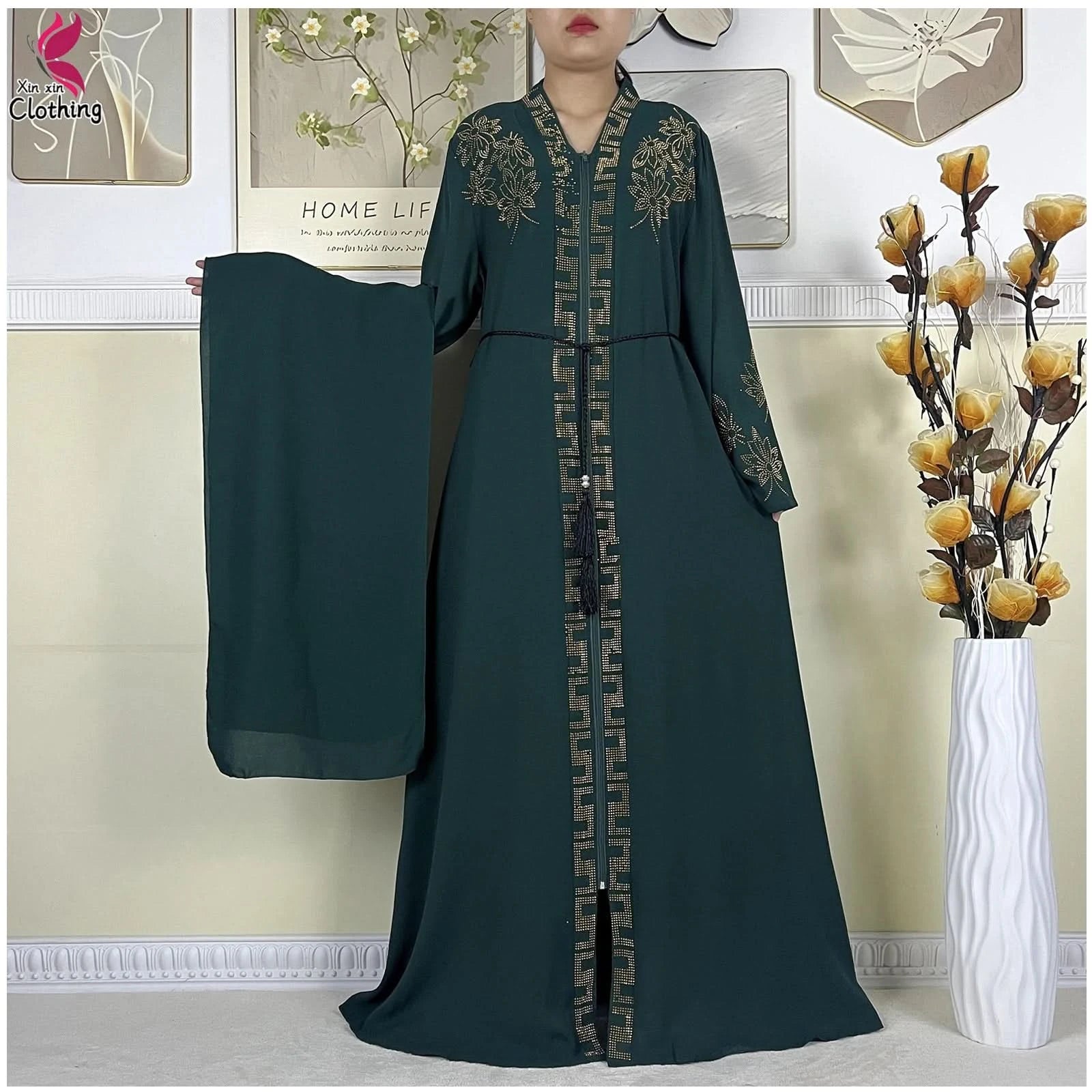 New Muslim Abayas For Women Long Sleeved Dress Dubai Lady Elegant Long Dress Islam Clothing African Abaya Loose Robe With Turban - M & M Global